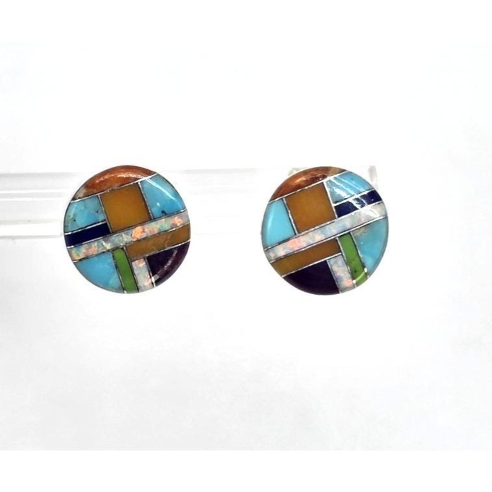 Western Multi-Gemstone Stud Earrings Circle‎ Sterling Silver 9.5 mm Handmade NEW